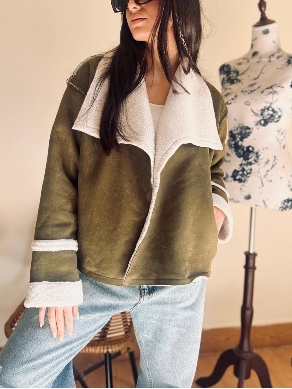 Vigoss Olive Suede-Look Teddy Jacket with Cream Sherpa Trim
